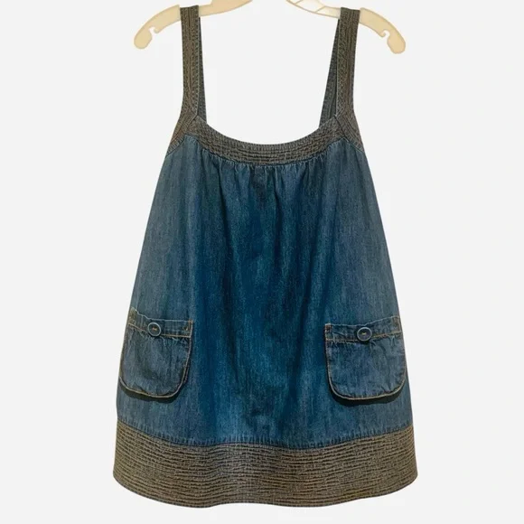 Forever 21 Denim Smock Tunic Top Multi-Row Stitching Detail & Pockets MED EUC - Picture 1 of 6